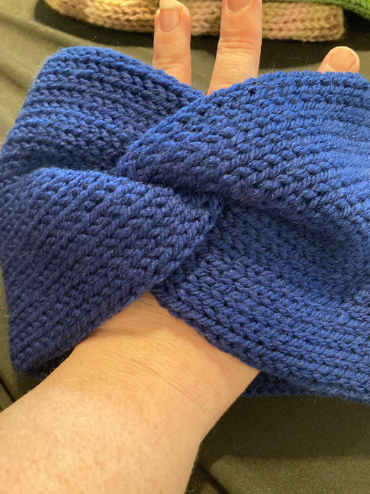 Wide knitted ear warmer, twisted headband made with aran wool, knitted headband